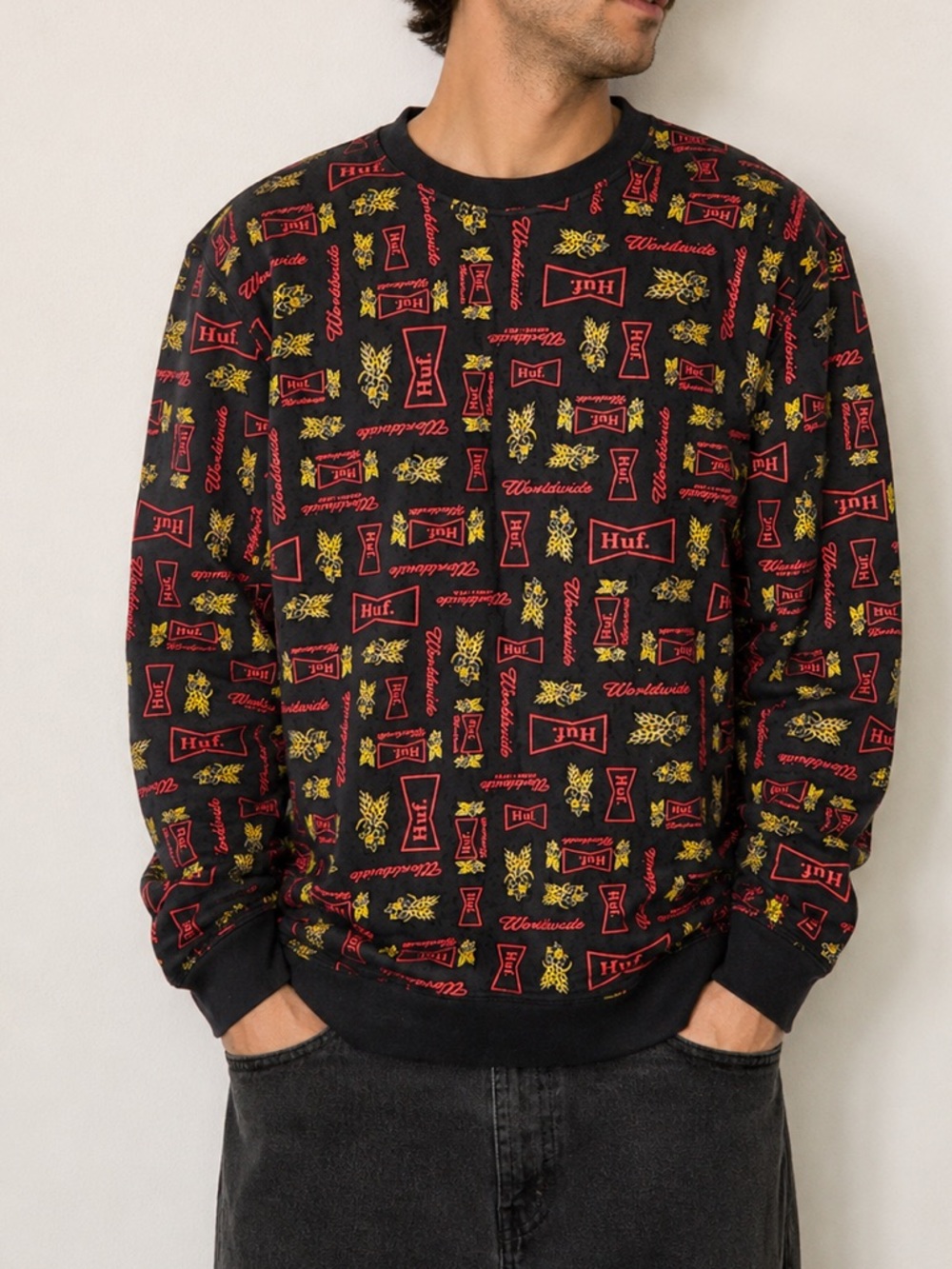 HUF Worldwide "Dirtbag Crew" All-Over Print Beer Logo Sweatshirt - Black Red